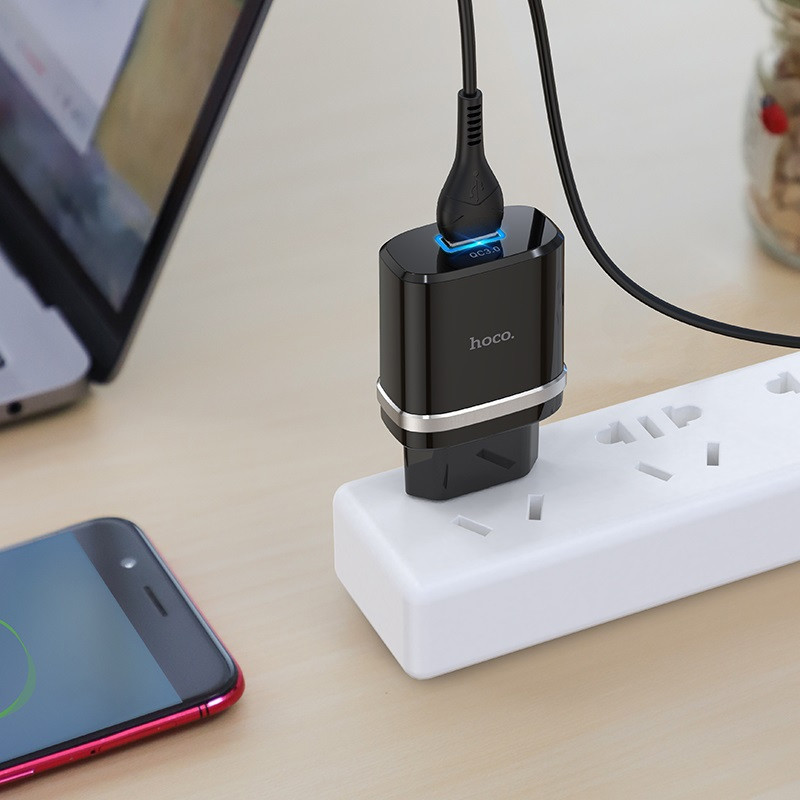 МЗП Hoco C12Q Smart QC3.0 18W (1USB-A) + кабель USB to MicroUSB Чорний - Зображення 5