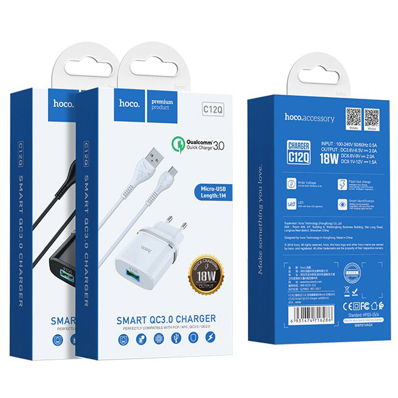 МЗП Hoco C12Q Smart QC3.0 18W (1USB-A) + кабель USB to MicroUSB Чорний - Зображення 6