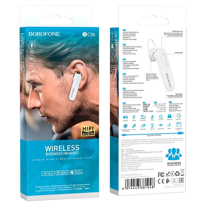 Bluetooth моно-гарнітура Borofone BC36 Lucky Білий - Зображення 4