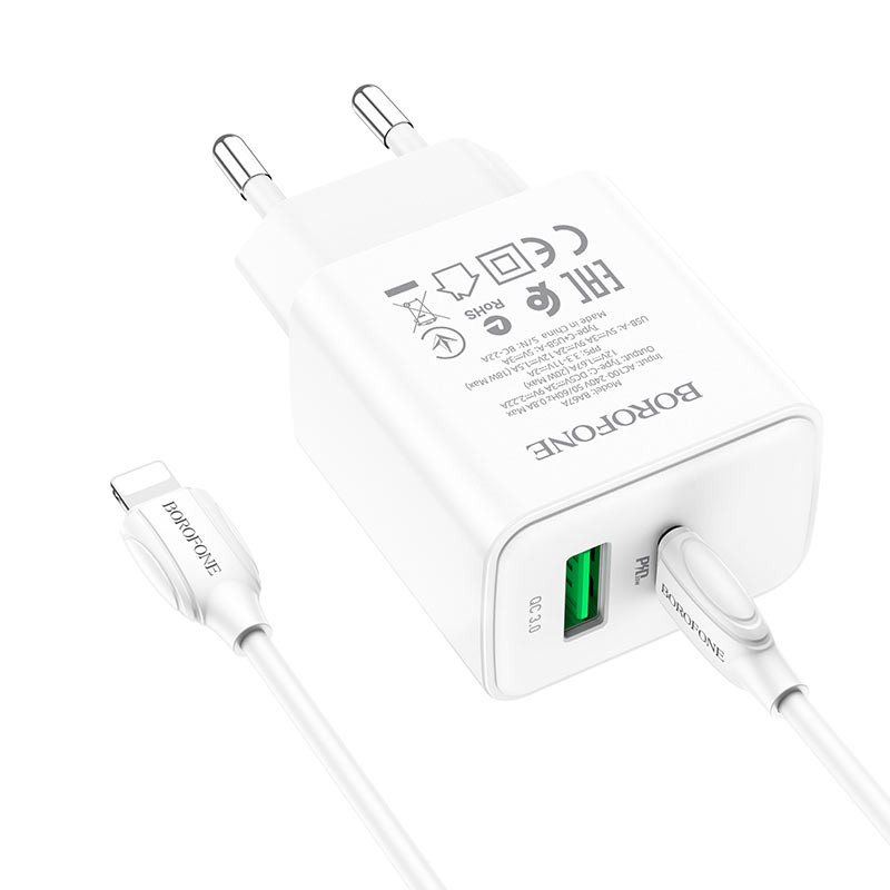 МЗП Borofone BA67A PD20W+QC3.0 (1USB-A/1C) + кабель Type-C to Lightning Білий - Зображення 2
