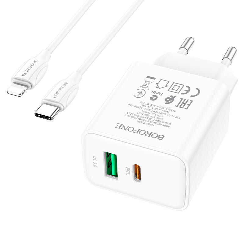 МЗП Borofone BA67A PD20W+QC3.0 (1USB-A/1C) + кабель Type-C to Lightning Білий - Зображення 3