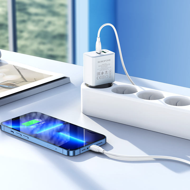 МЗП Borofone BA67A PD20W+QC3.0 (1USB-A/1C) + кабель Type-C to Lightning Білий - Зображення 4