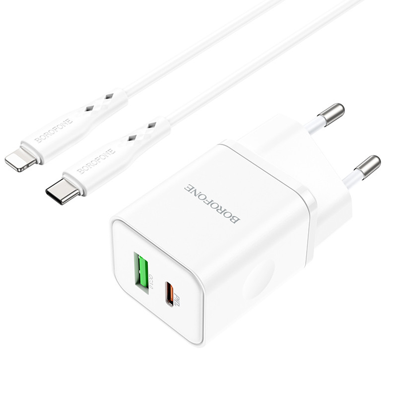 МЗП Borofone BN7 PD20W+QC3.0 (1USB-A/1C) + кабель Type-C to Lightning White - Зображення 2