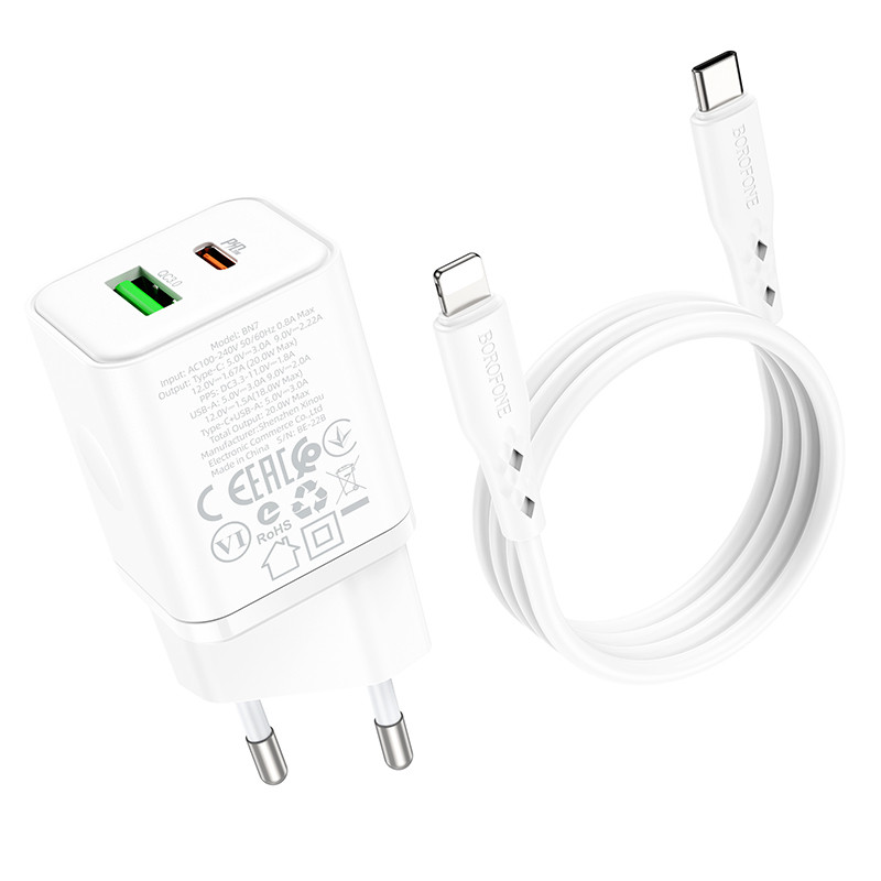 МЗП Borofone BN7 PD20W+QC3.0 (1USB-A/1C) + кабель Type-C to Lightning White - Зображення 5