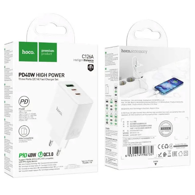 МЗП Hoco C126A PD40W+QC3.0 (1USB/2Type-C) White - Зображення 5