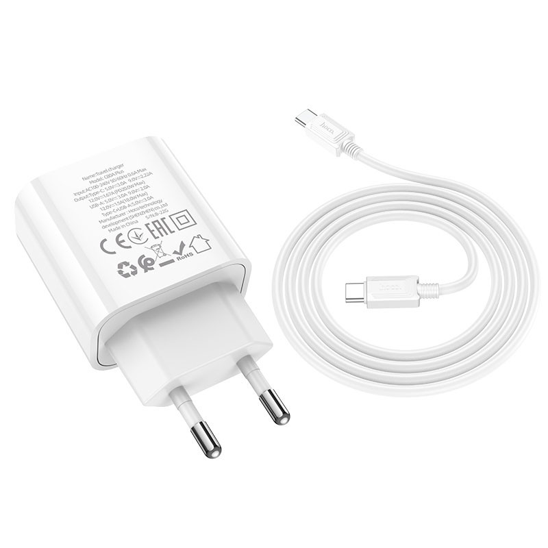 МЗП Hoco C80A Plus Rapido PD20W+QC3.0 (1USB-A/1C) + кабель Type-C to Type-C White - Зображення 5