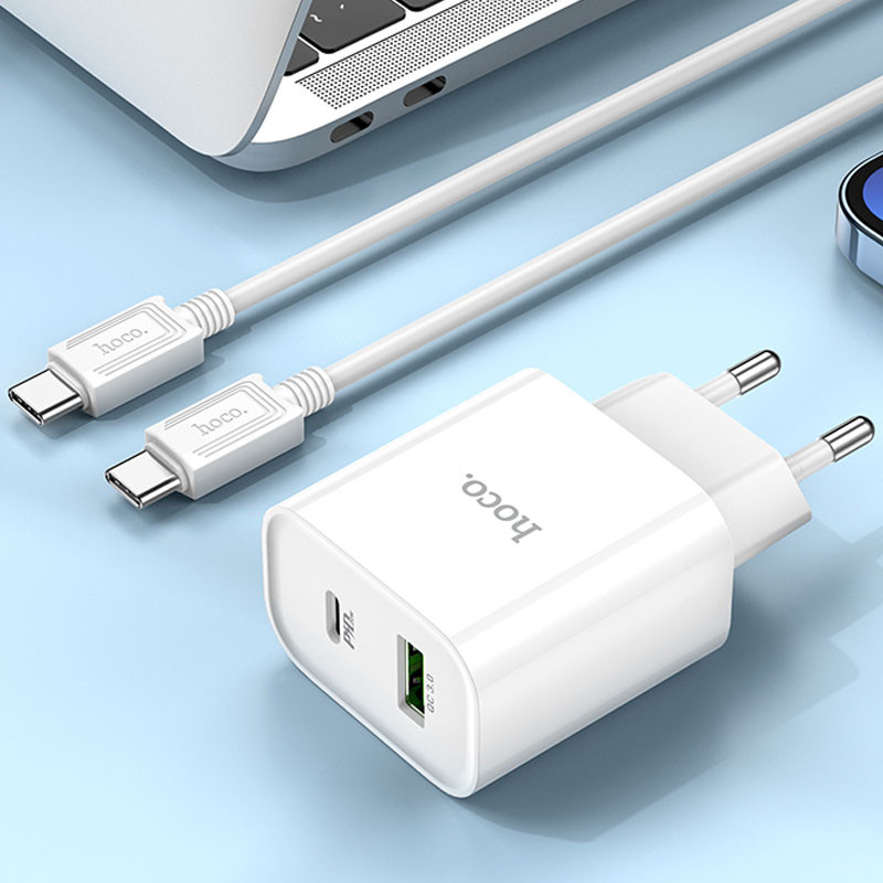 МЗП Hoco C80A Plus Rapido PD20W+QC3.0 (1USB-A/1C) + кабель Type-C to Type-C White - Зображення 7
