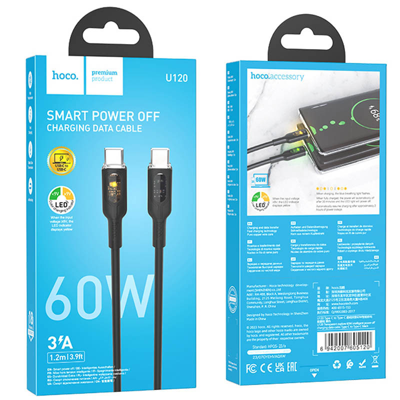 Дата кабель Hoco U120 Transparent explore intelligent power-off PD 60W Type-C to Type-C (1.2m) Black - Зображення 6