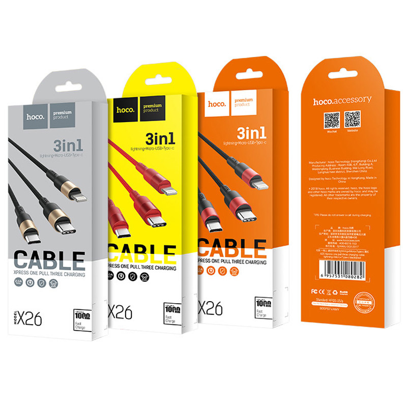 Дата кабель Hoco X26 Xpress 3in1 USB to Lightning/Type-C/MicroUSB 2A (1.2m) Чорний / Золотий - Зображення 5