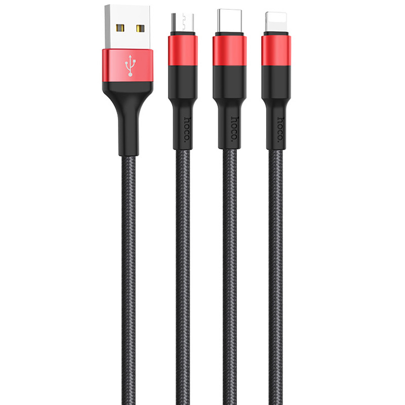 Дата кабель Hoco X26 Xpress 3in1 USB to Lightning/Type-C/MicroUSB 2A (1.2m) Чорний / Червоний - Зображення 2