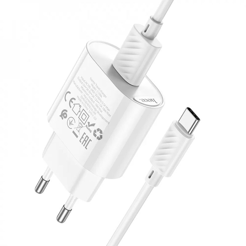 МЗП Hoco C109A Fighter QC3.0 18W (1USB-A) + кабель USB to Type-C White - Зображення 2