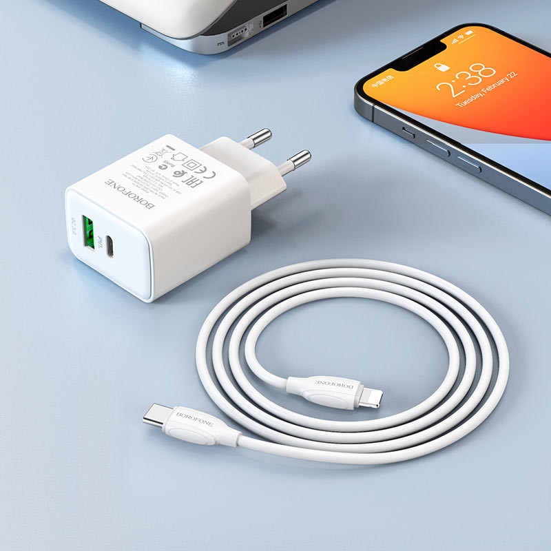 МЗП Borofone BA67A PD20W+QC3.0 (1USB-A/1C) + кабель Type-C to Lightning Білий - Зображення 5