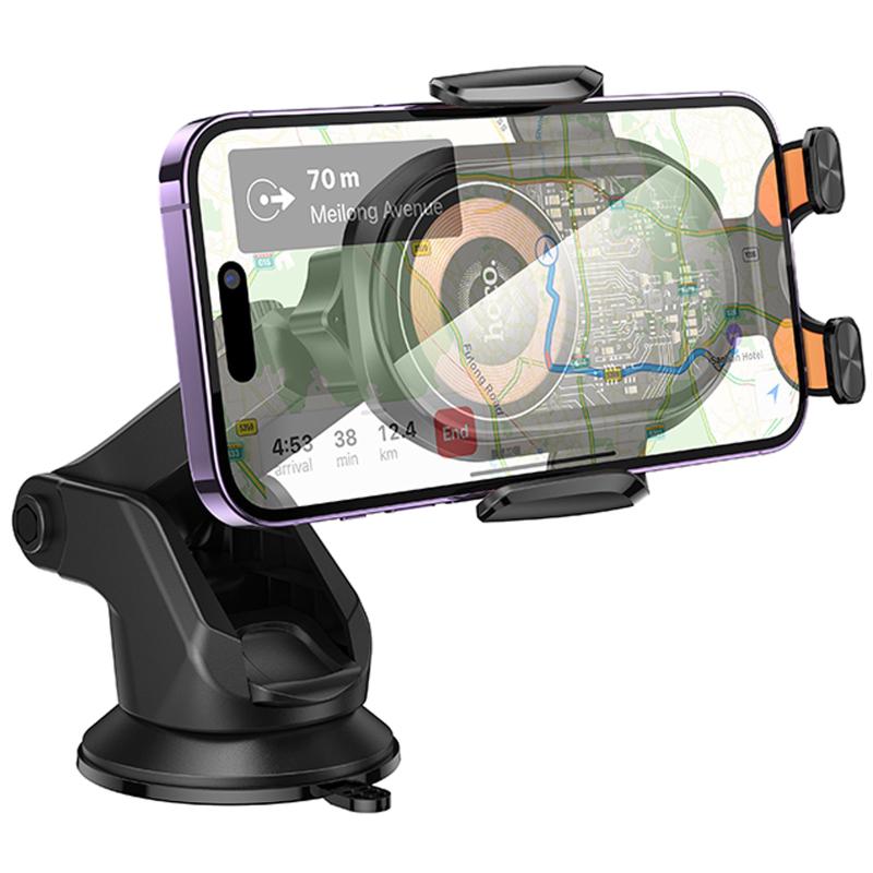 Автотримач з БЗП Hoco HW34 Blue whale 3-axis linkage wireless 15W (center console) Black - Зображення 3