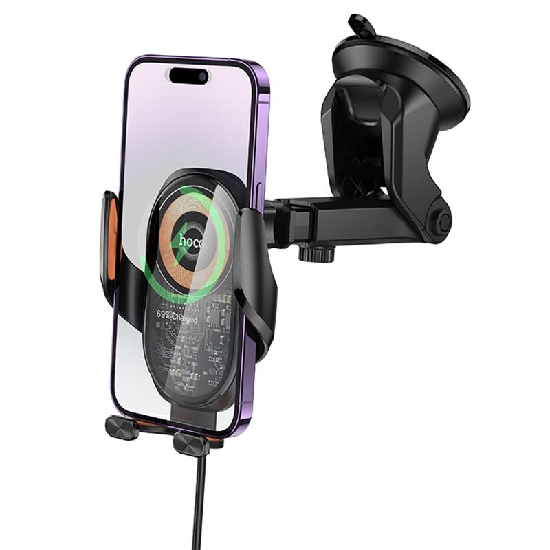 Автотримач з БЗП Hoco HW34 Blue whale 3-axis linkage wireless 15W (center console) Black - Зображення 4