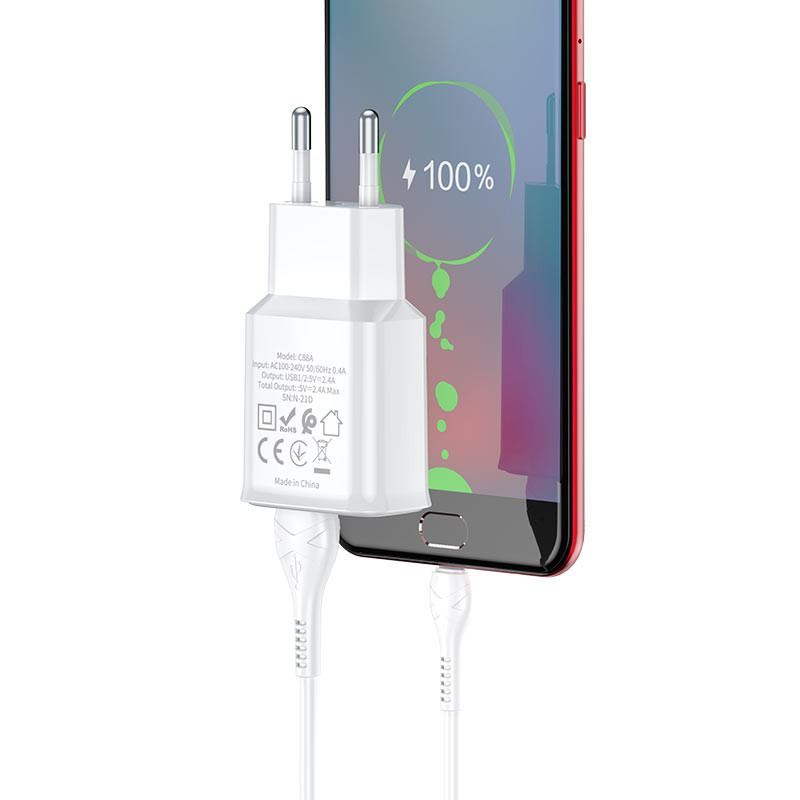 МЗП Hoco C88A Star round 2.4A (2USB-A) + кабель USB to Type-C Білий - Зображення 4