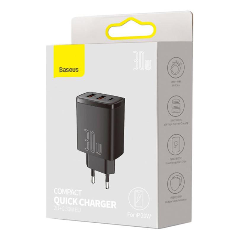 МЗП Baseus Compact Quick Charger PD30W+QC3.0 (2USB-A/1C) (CCXJ-E) Чорний - Зображення 3