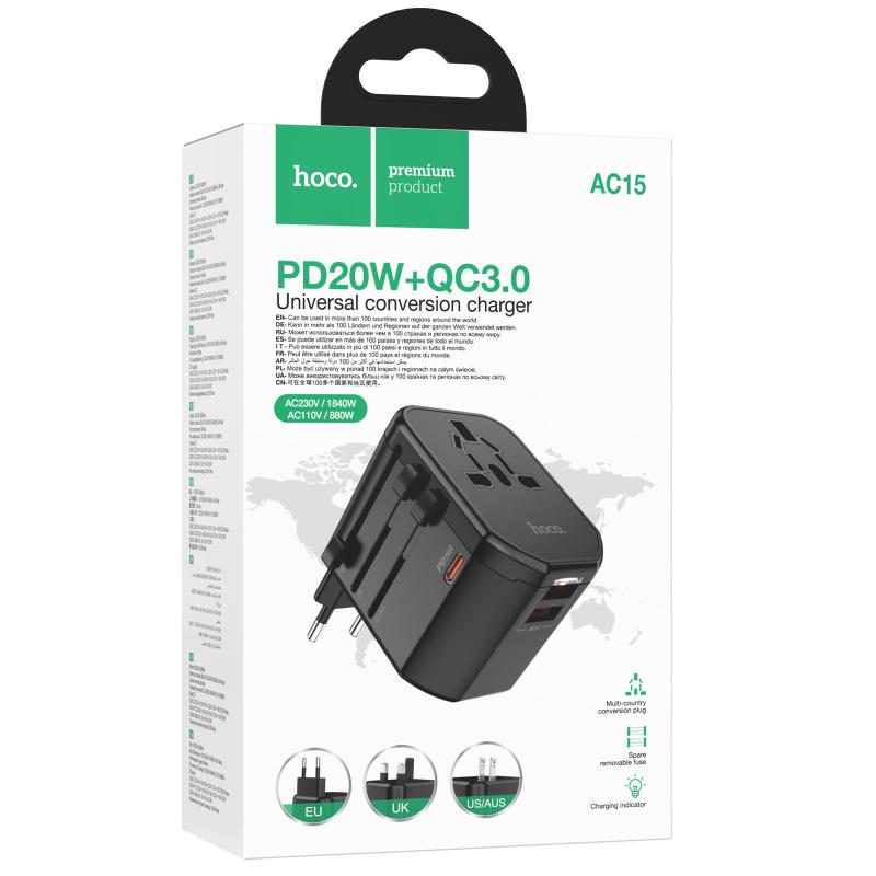 Мережевий універсальний перехідник Hoco AC15 Walker PD20W+QC3.0 (2USB-A/1C) (EU) Black - Зображення 2