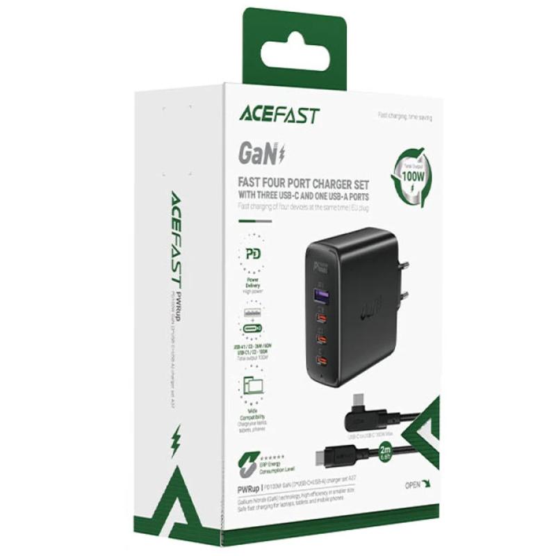 МЗП Acefast A37 PD100W+QC3.0 GaN (1USB-A/3C) + кабель Type-C to Type-C 2m Black - Зображення 4