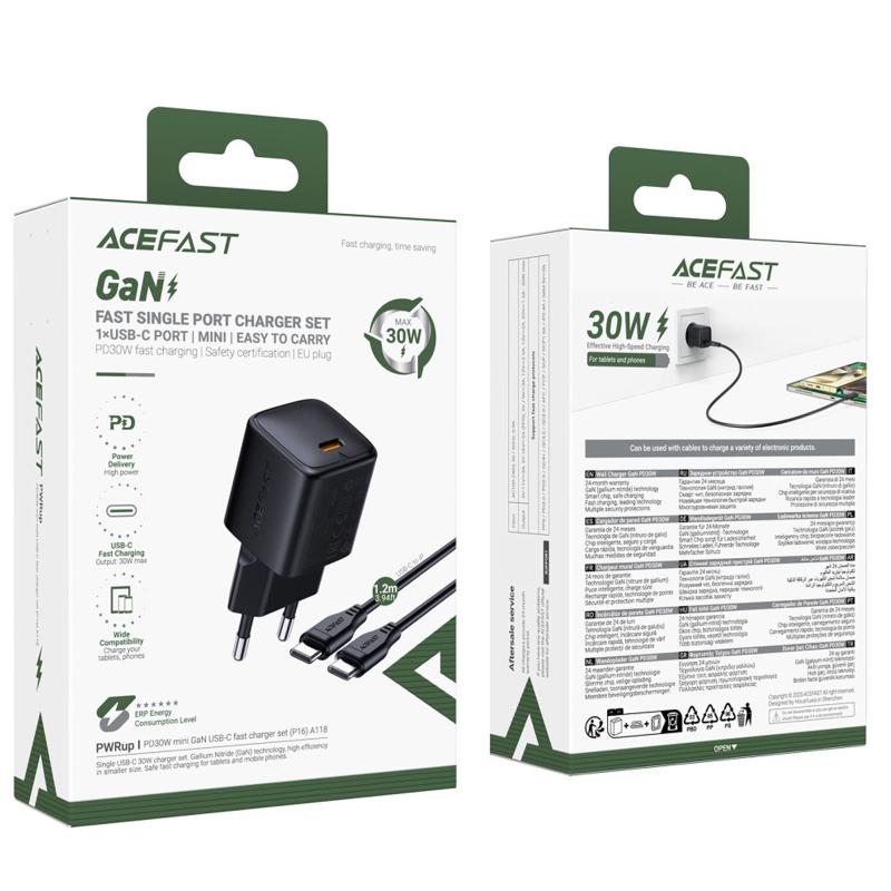 МЗП Acefast A118 PD30W GaN (1USB-C) + кабель Type-C to Type-C Black - Зображення 3