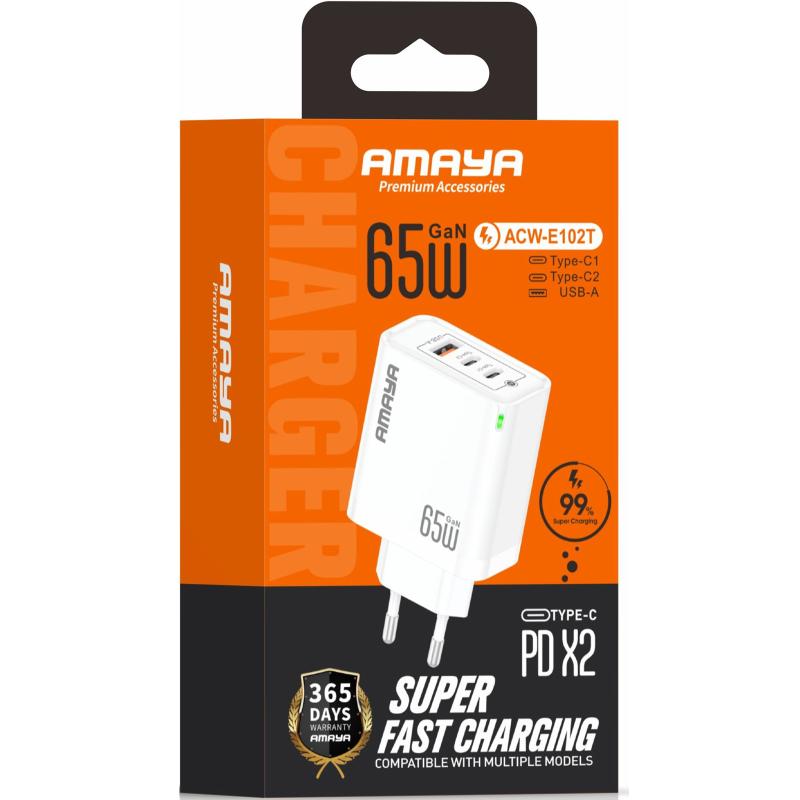 МЗП Amaya E102T PD65W+QC3.0 GaN (1USB-A/2C) White - Зображення 2