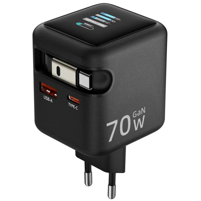 МЗП Amaya E700D PD70W+QC3.0 GaN (1USB-A/1C) + Retractable Cable Type-C Black