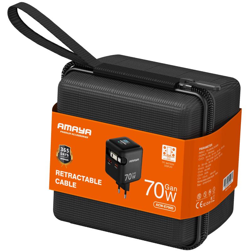 МЗП Amaya E700D PD70W+QC3.0 GaN (1USB-A/1C) + Retractable Cable Type-C Black - Зображення 2