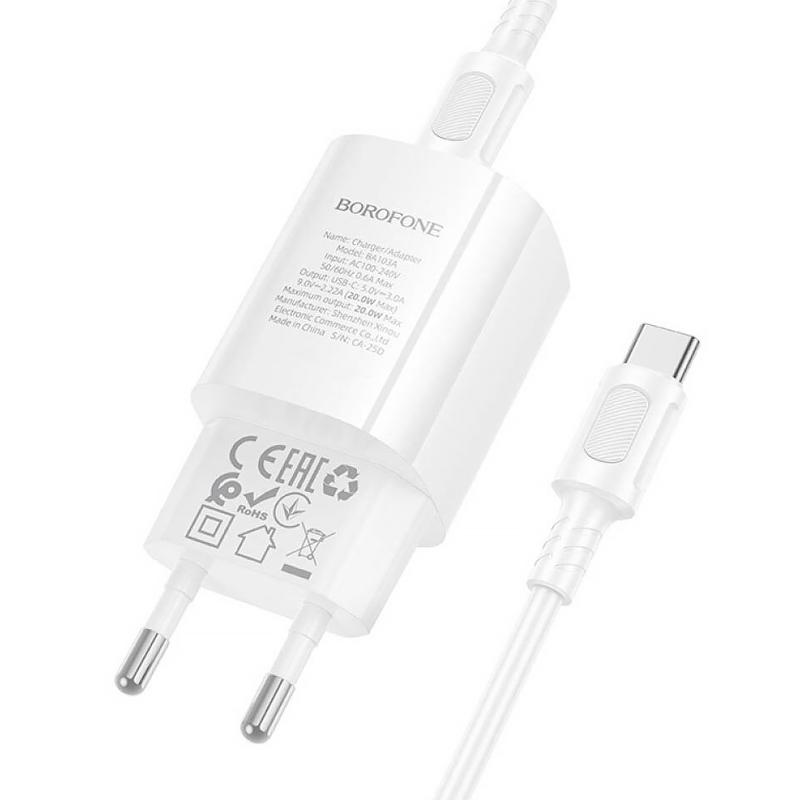 МЗП Borofone BA103A Pudding PD20W (1USB-C) + кабель Type-C to Type-C White - Зображення 4