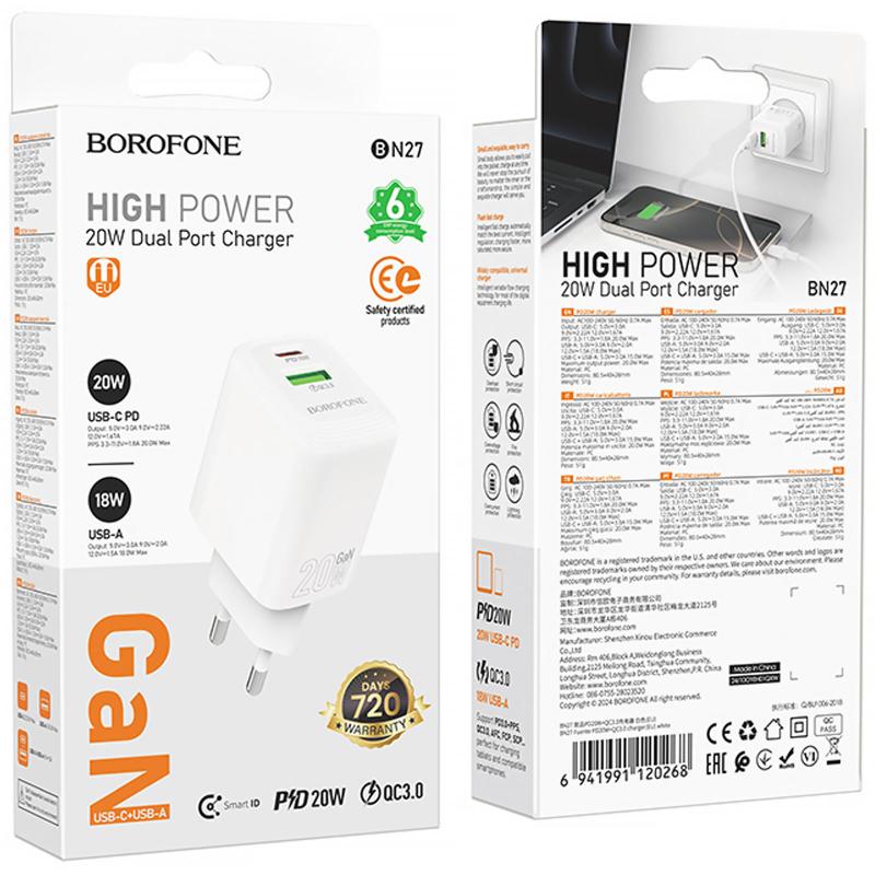 МЗП Borofone BN27 Fuente PD20W+QC3.0 (1USB-A/1C) White - Зображення 6