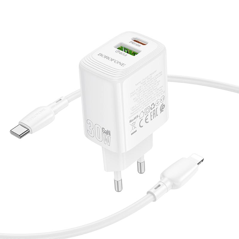 МЗП Borofone BN29 Fuente PD30W+QC3.0 (1USB-A/1C) + кабель Type-C to Lightning White - Зображення 3