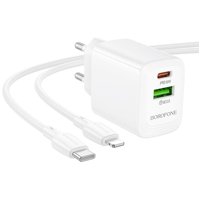 МЗП Borofone BN29 Fuente PD30W+QC3.0 (1USB-A/1C) + кабель Type-C to Lightning White - Зображення 4