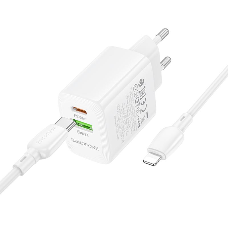 МЗП Borofone BN29 Fuente PD30W+QC3.0 (1USB-A/1C) + кабель Type-C to Lightning White - Зображення 5