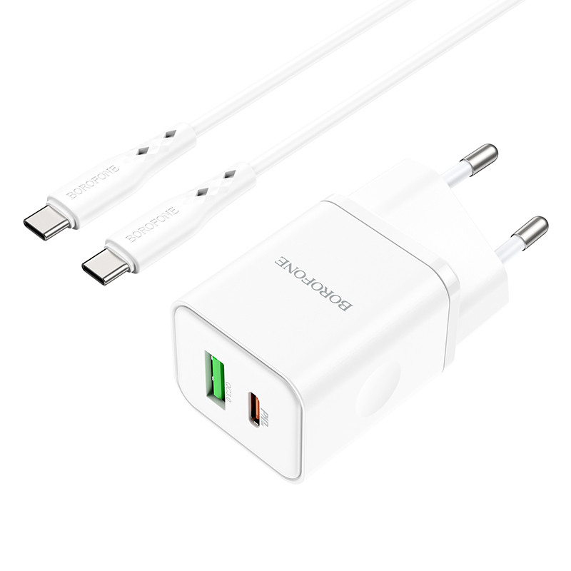 МЗП Borofone BN7 PD20W+QC3.0 (1USB-A/1C) + кабель Type-C to Type-C White - Зображення 2