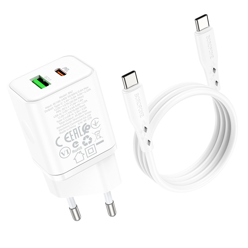 МЗП Borofone BN7 PD20W+QC3.0 (1USB-A/1C) + кабель Type-C to Type-C White - Зображення 7