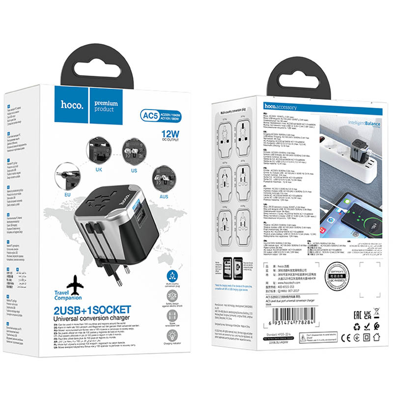 Мережевий універсальний перехідник Hoco AC5 Level 2USB+Socket Black - Зображення 6