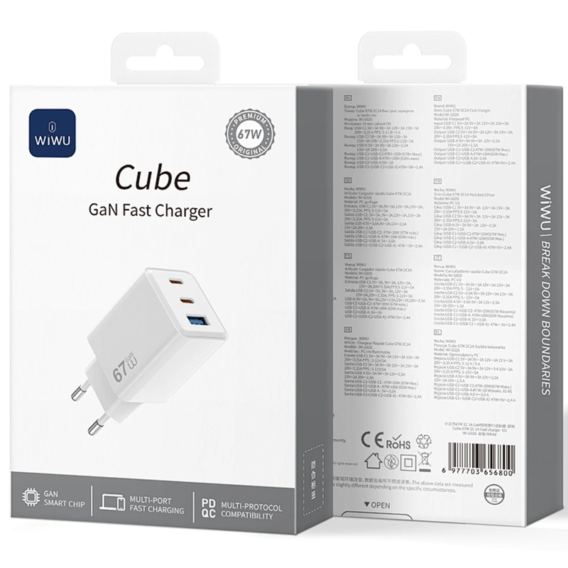 МЗП WIWU G026 Cube PD67W+QC3.0 GaN (1USB-A/2C) White - Зображення 4