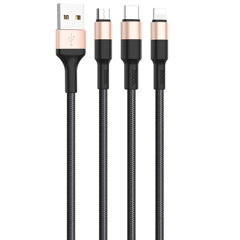 Дата кабель Hoco X26 Xpress 3in1 USB to Lightning/Type-C/MicroUSB 2A (1.2m) Чорний / Золотий - Зображення 3
